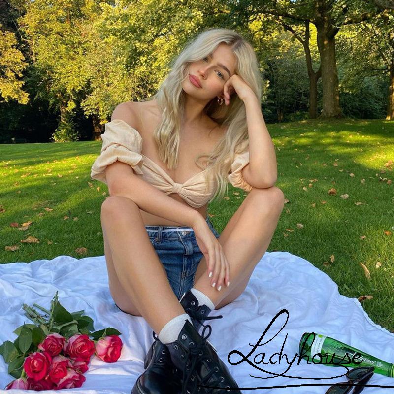 Áo Croptop Trễ Vai Tay Phồng Màu Trơn Thời Trang Mùa Hè Cho Nữ