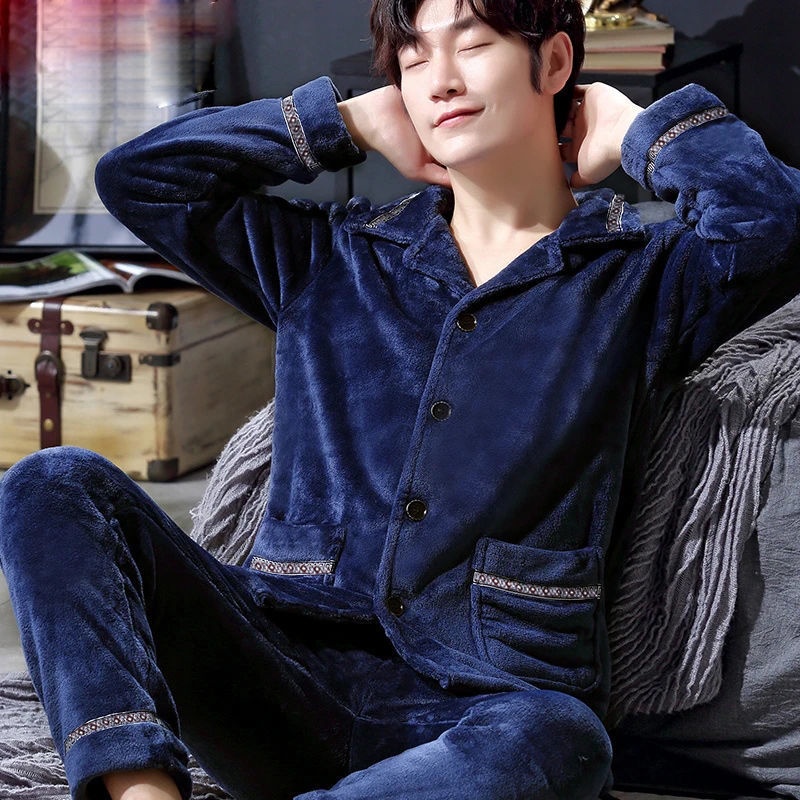 Bộ đồ ngủ pijama lông cừu san hô dành cho nam thu đông, bộ đồ mặc nhà dày dặn và ấm áp