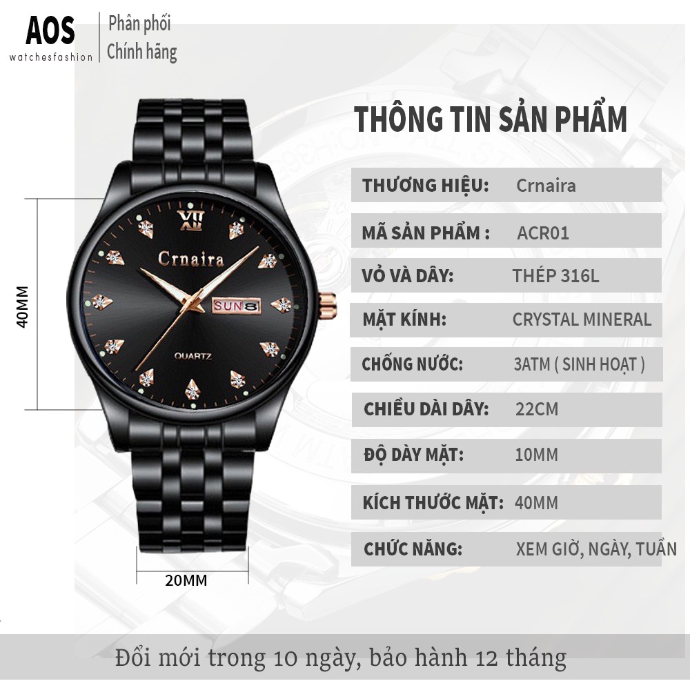Đồng hồ nam Crnaira chính hãng, dây thép bền màu, xem được lịch, thứ, tuần tiện lợi, lên tay cực đẹp ( Mã: ACR01 ) | BigBuy360 - bigbuy360.vn
