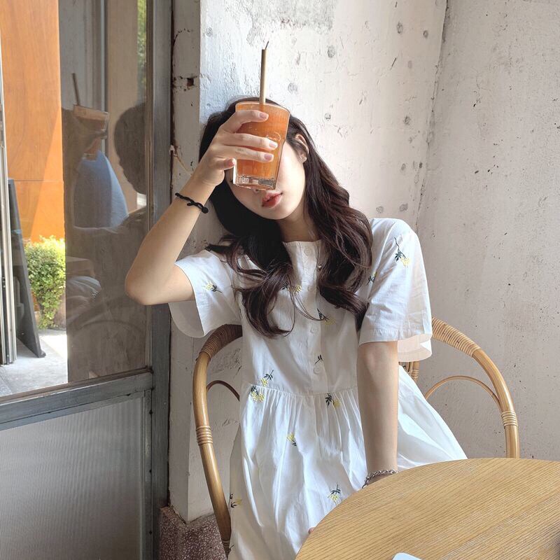 Váy Babydoll hoa cúc chất đũi thô xước/ Đầm váy dáng dài thêu hoa đũi xước thắt eo