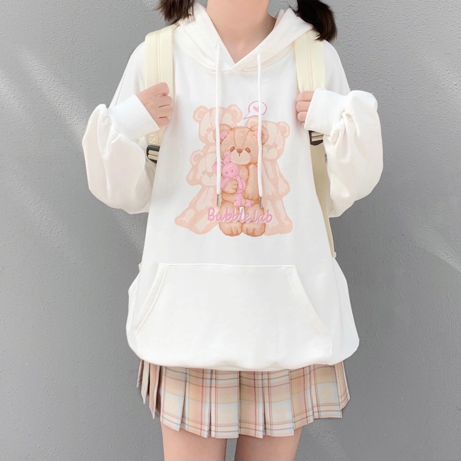 ZHELIHANGFEI Áo Hoodie Tay Dài Dáng Rộng In Hình Gấu Dễ Thương