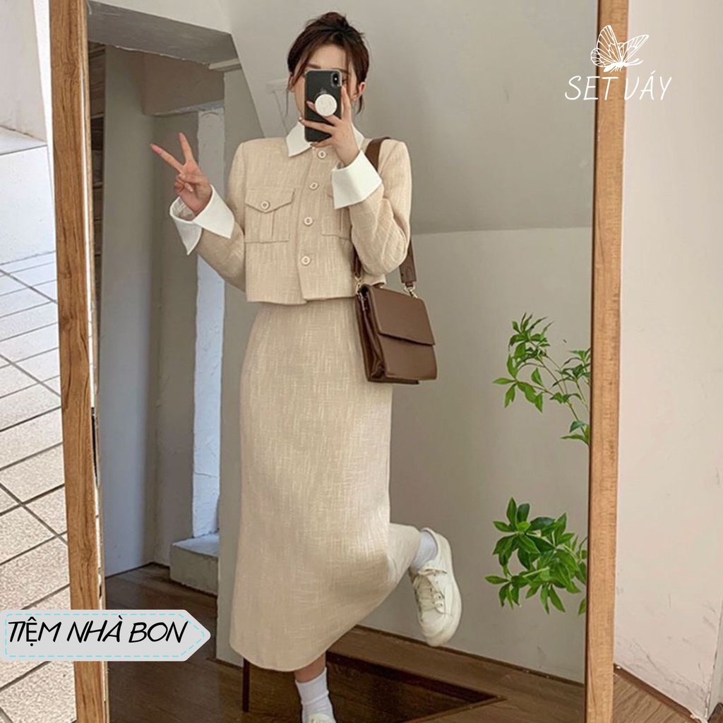 Set váy dạ tweet áo sơ mi kèm chân váy màu be cho nàng phong cách Hàn Quốc xinh xắn dịu dàng