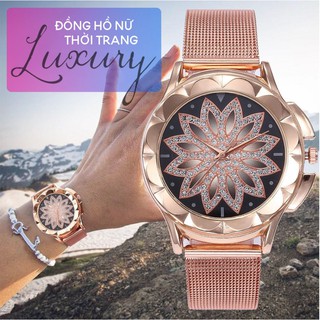 (SIÊU HOT) Đồng Hồ Nữ Thời Trang Luxury Đính Đá Vàng Hồng - Dây Milanese Hoặc Da - Họa Tiết Hoa Hướng Dương Sang Trọng