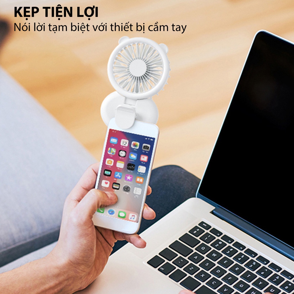 Quạt mini cầm tay tích hợp kẹp điện thoại và đèn ngủ 3 mức độ, đế gấp để bàn sạc nhanh USB - QMN02