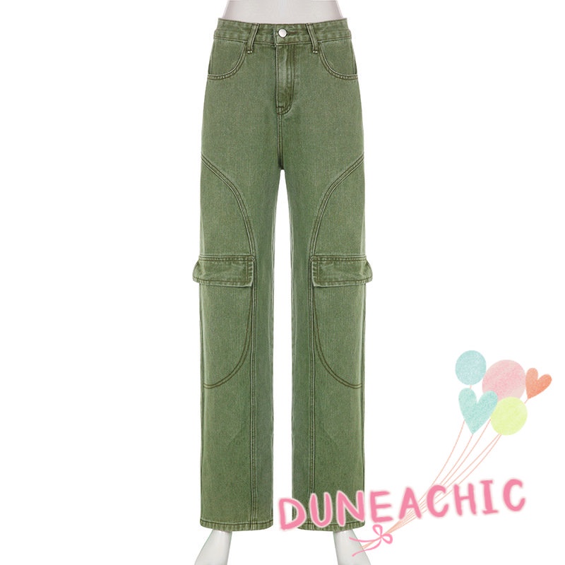 DUNEA Quần Denim Ống Rộng Phối Túi Phong Cách Vintage Cho Nữ