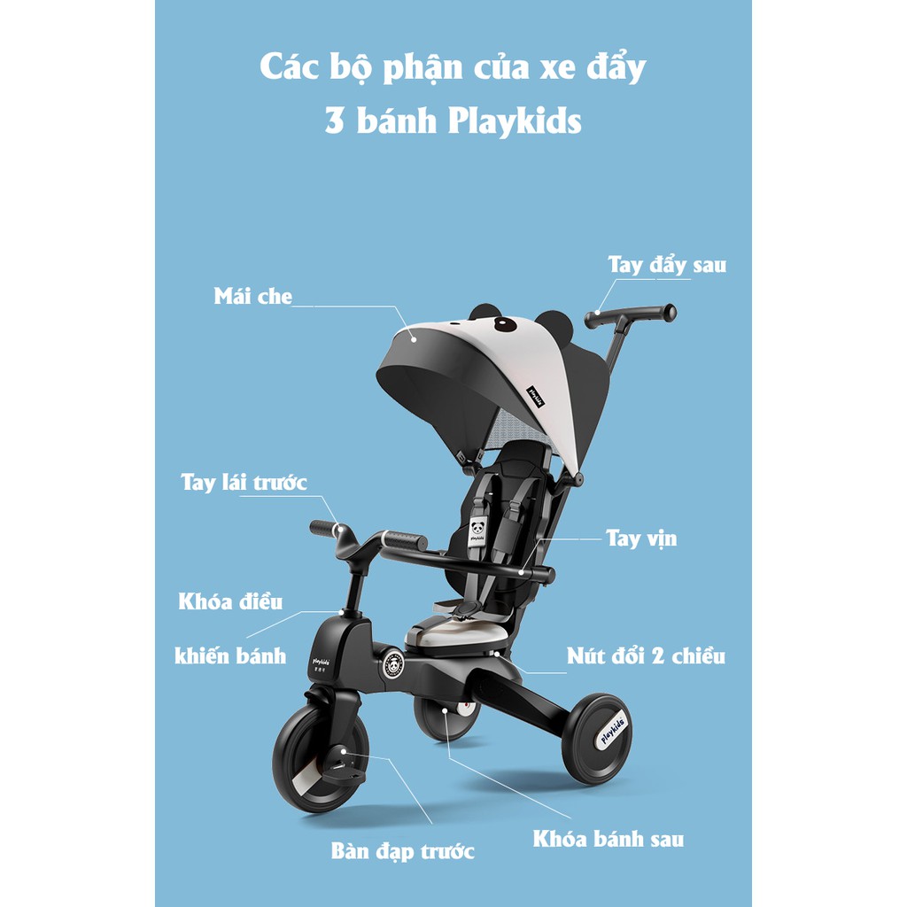 Xe đẩy 3 bánh cho bé kiêm xe đạp, xe chòi chân 6in1, gấp gọn, dành cho bé từ 1 - 5 tuổi chính hãng PLAYKIDS