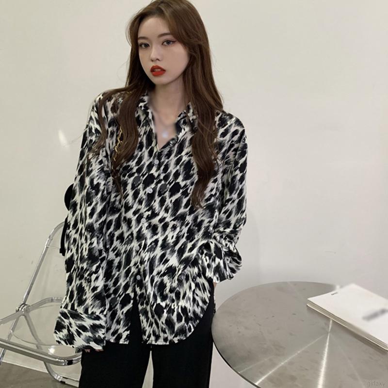 Áo Sơ Mi Tay Dài Dáng Rộng Họa Tiết Da Báo Quyến Rũ Phong Cách Hàn Quốc