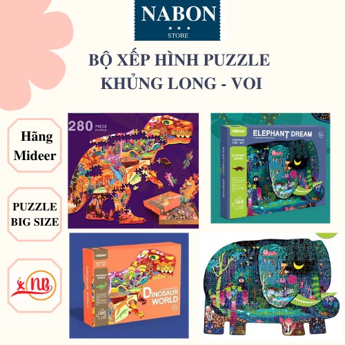 Bộ Xếp hình 280 Miếng Ghép Hình Khủng Long, Voi Xanh Puzzle Chính Hãng Mideer Dành Cho Bé Từ 4-5-6 Tuổi - NABON SHOP