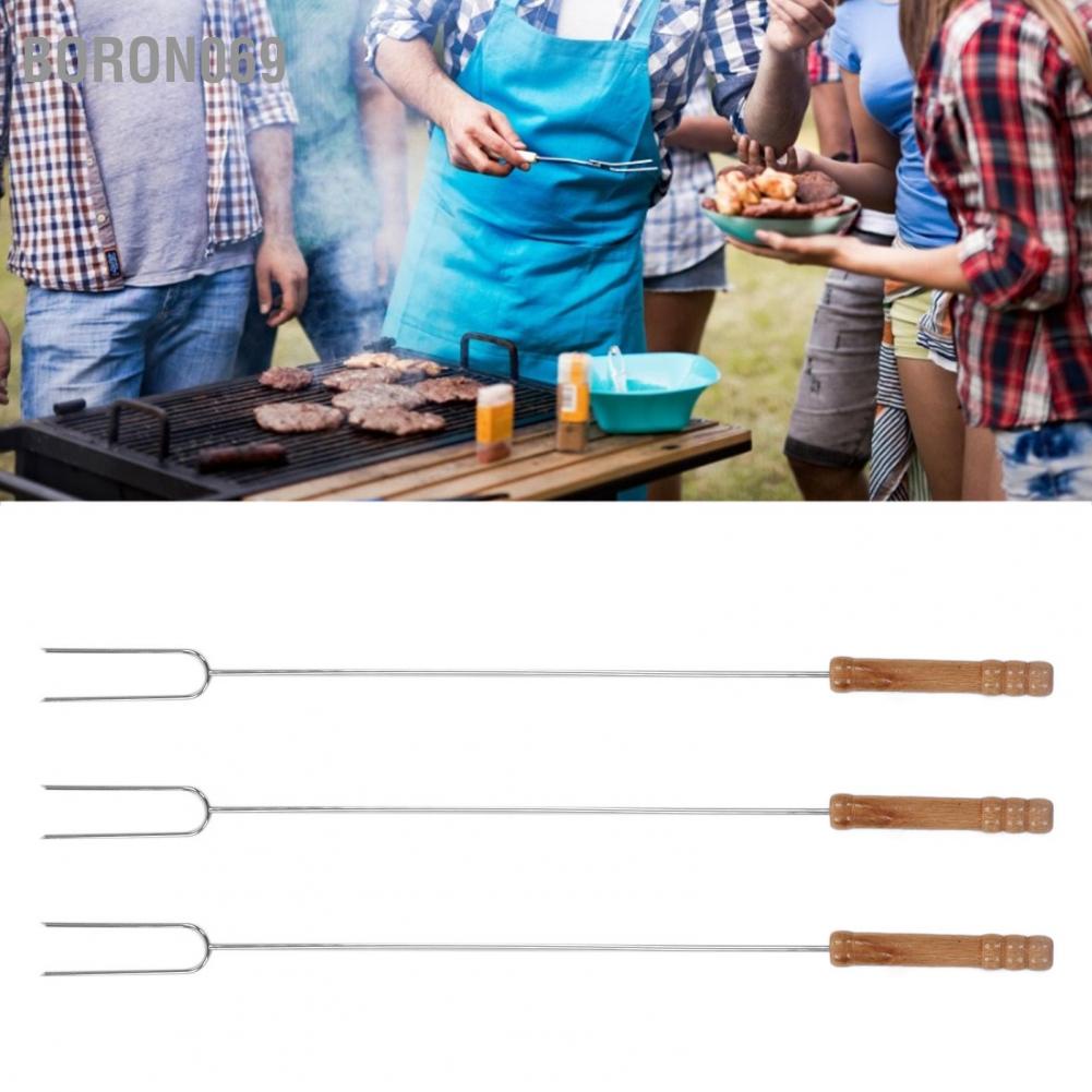 Boron069 Boron069 Nĩa nướng 3 cái Thanh bằng thép không gỉ đa chức năng với tay cầm gỗ sồi để cắm trại BBQ ngoài trời 47 2cm