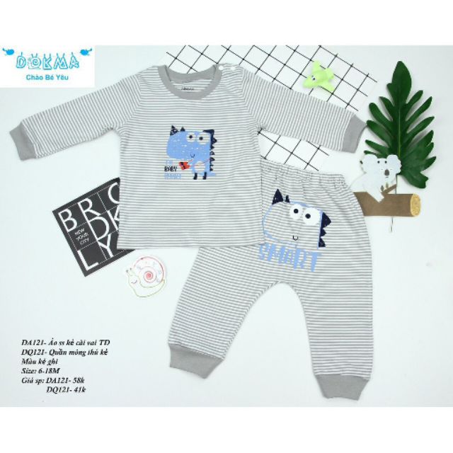 Dokma - Bộ ss dài tay vải mỏng cài vai kẻ (6-18m) DA121