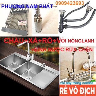 Chậu rửa chén bát inox sus 304 cao cấp n1 10048 na.grand và vòi rửa chén và xả chậu và rổ và bình xà bông