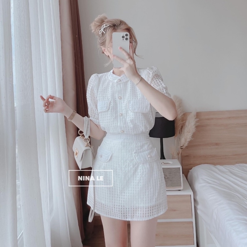 Set Váy Nữ , Set Áo Sơ Mi Cổ Tròn Chất Vải 2 Lớp Tay Búp Đính Cườm Mix Chân Váy Chữ A Cho Các Nàng Thơ