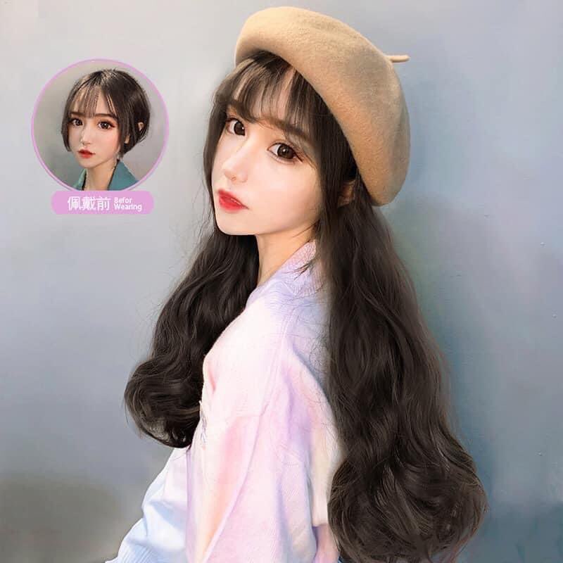Bộ tóc giả xoăn dài kèm nón thời trang nữ tính. Mũ tóc giả xoăn sóng lơi