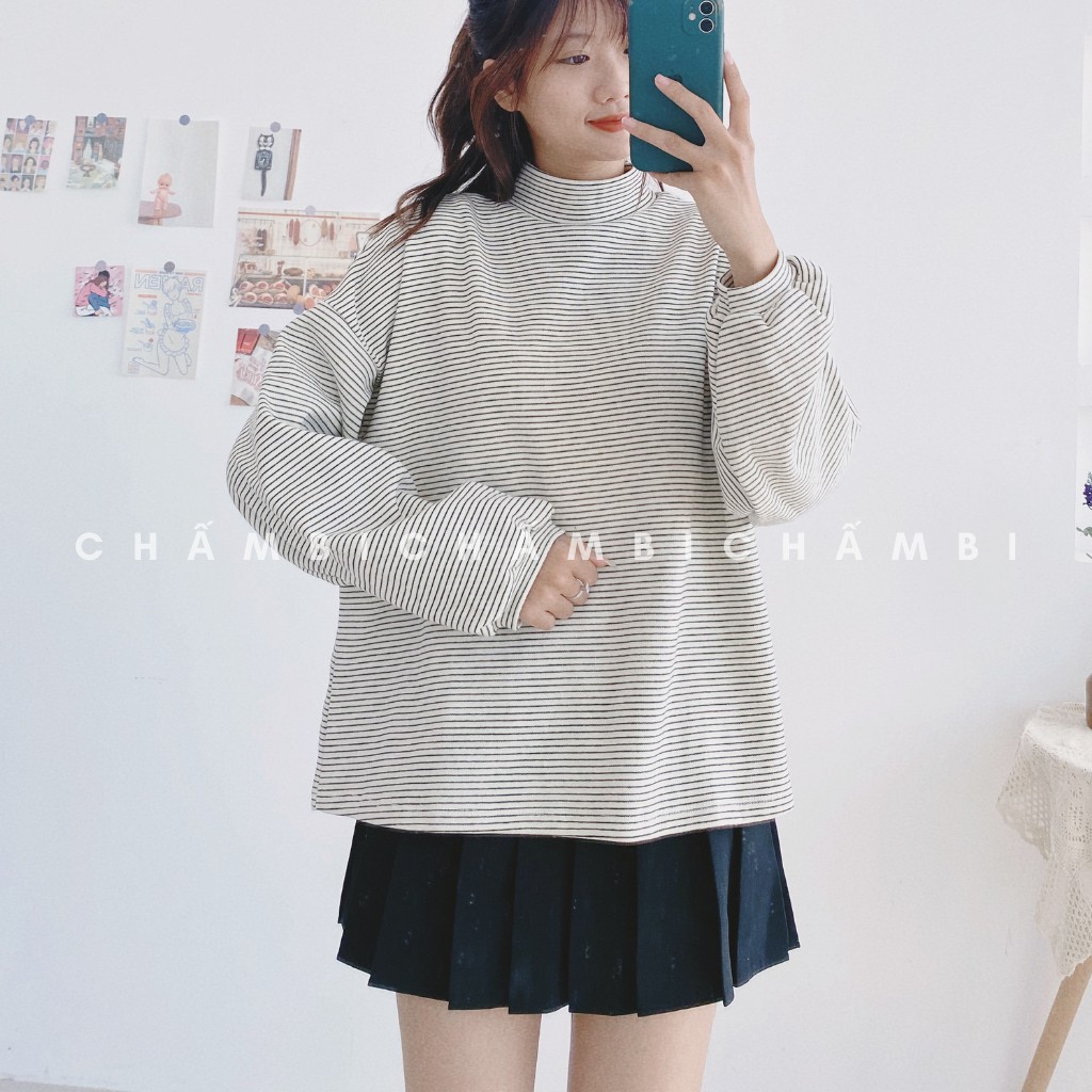 [Mã WARN30 hoàn 15% xu đơn 150k] Áo Len Dáng Rộng Tay Bồng Kẻ Ngang Cổ 3 Phân Freesize<55kg - A.072 | BigBuy360 - bigbuy360.vn