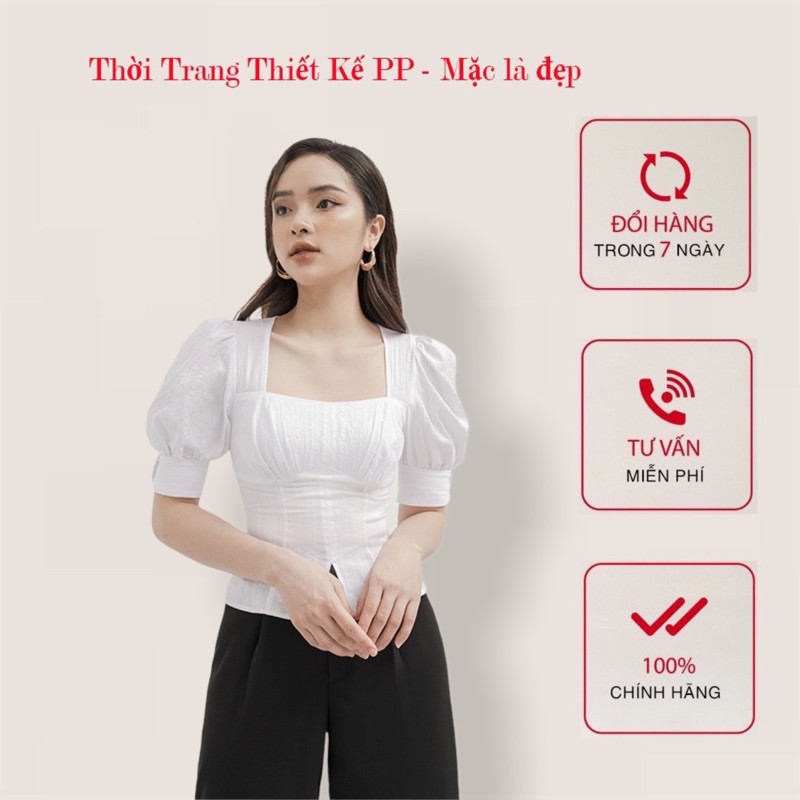 [Thiết Kế] Áo sơ mi thiết kế cổ vuông tay bồng thiết kế Chính hãng Thời Trang PP - Trắng | BigBuy360 - bigbuy360.vn
