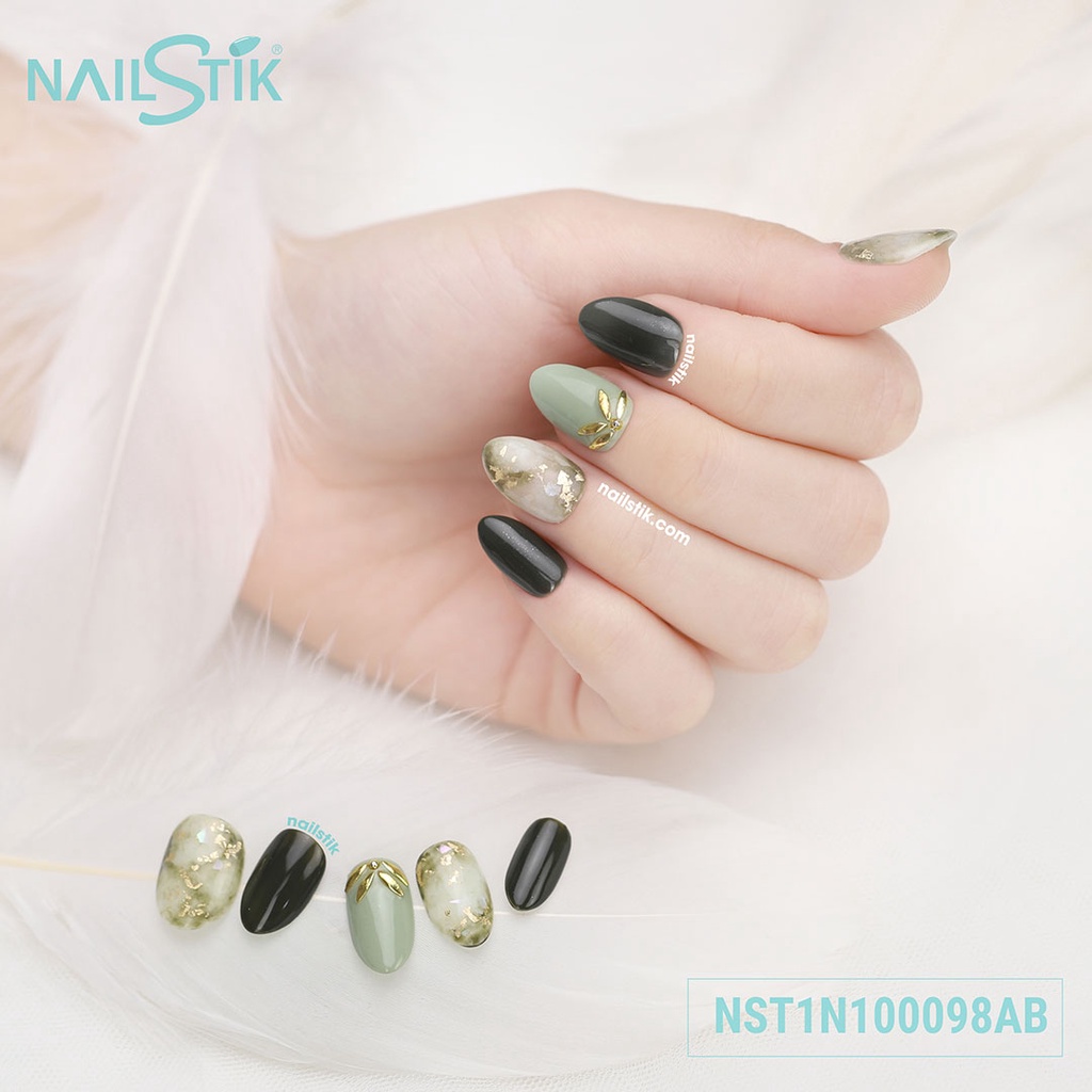Móng úp thiết kế by NAILSTIK, màu xanh rêu, form móng bầu, ngắn/dài, 098