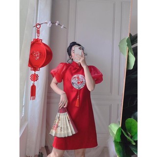 Đầm Suông Cổ Tàu, Đầm Áo Dài Cách Tân Họa Tiết Thêu Hoa Văn Cá Chép Tay Voan Thời Trang Tết.