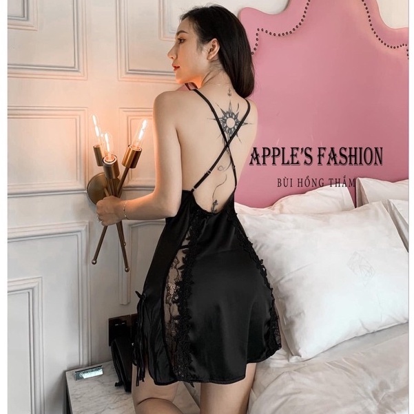 Đồ ngủ sexy / Đầm 2 dây phối ren hoa xẻ tà, chất liệu satin cao cấp loại 1, kèm quần đùi so cute, freesize dưới 65kg Sex | BigBuy360 - bigbuy360.vn