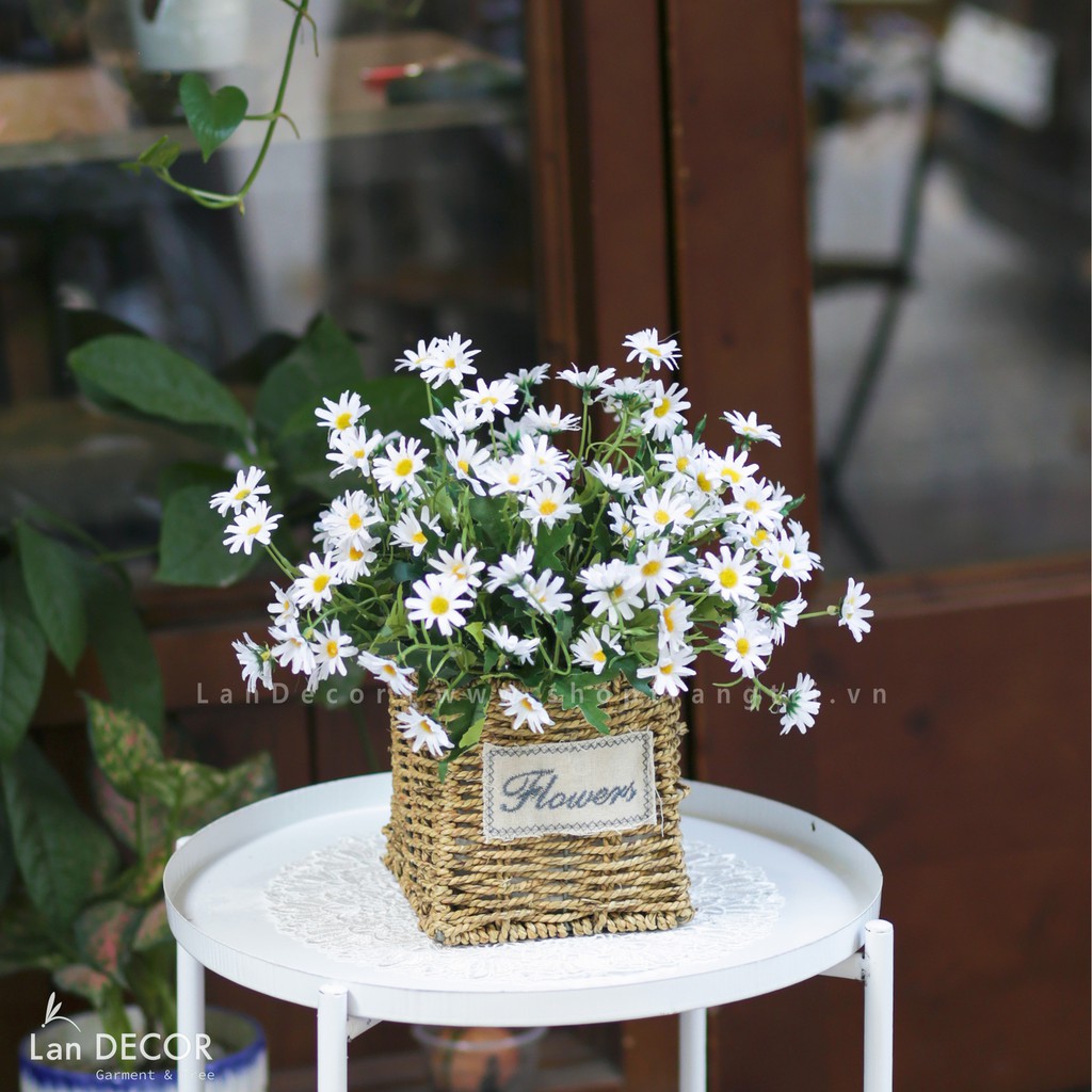Hoa giả - Giỏ Cúc họa mi trang trí nhà đẹp, decor bàn làm việc, phong cách đồng nội đẹp tự nhiên lãng mạn Lan Decor