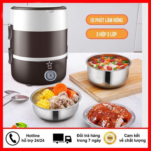 Hộp cơm điện inox 3 tầng - cặp lồng điện làm nóng bằng hơi nước siêu tốc