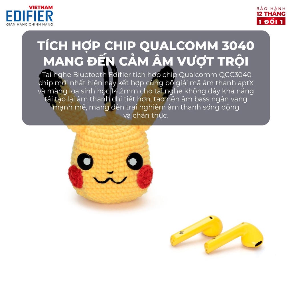 Tai nghe Bluetooth 5.0 EDIFIER Lollipods - Phiên bản Pikachu - 24 giờ Playtime - Kháng nước IP54