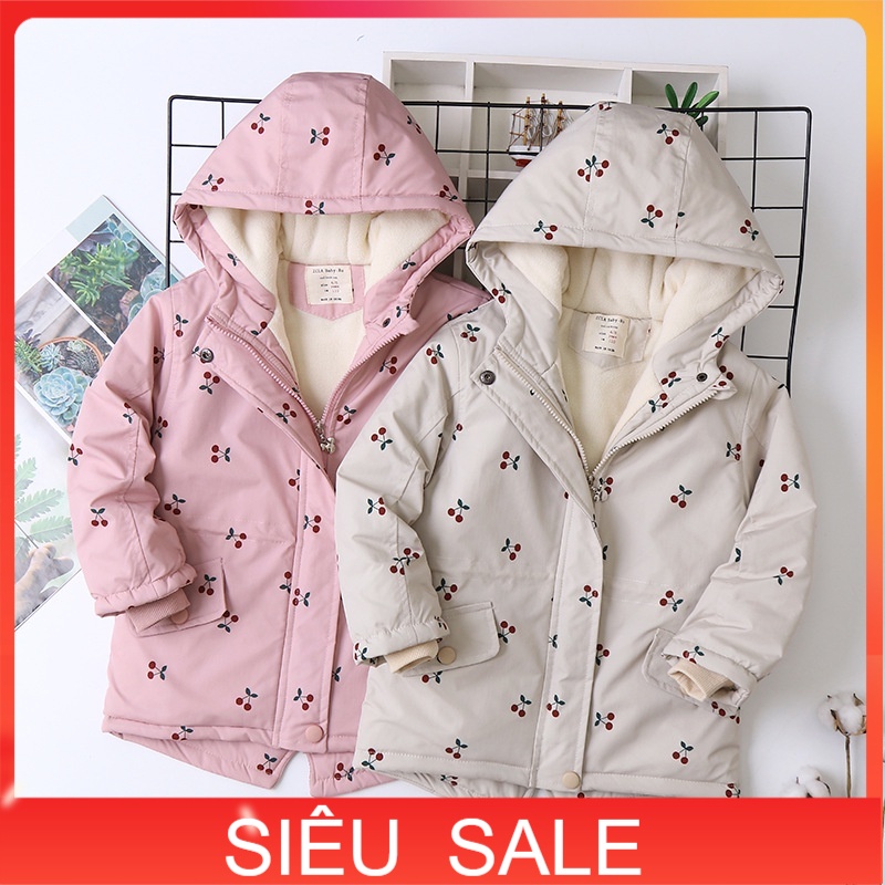 Áo khoác trẻ em nữ 4-14 tuổi hình quả chery bên trong lót nỉ, Áo Parka bé gái nữ hàng xuất khẩu xịn sò