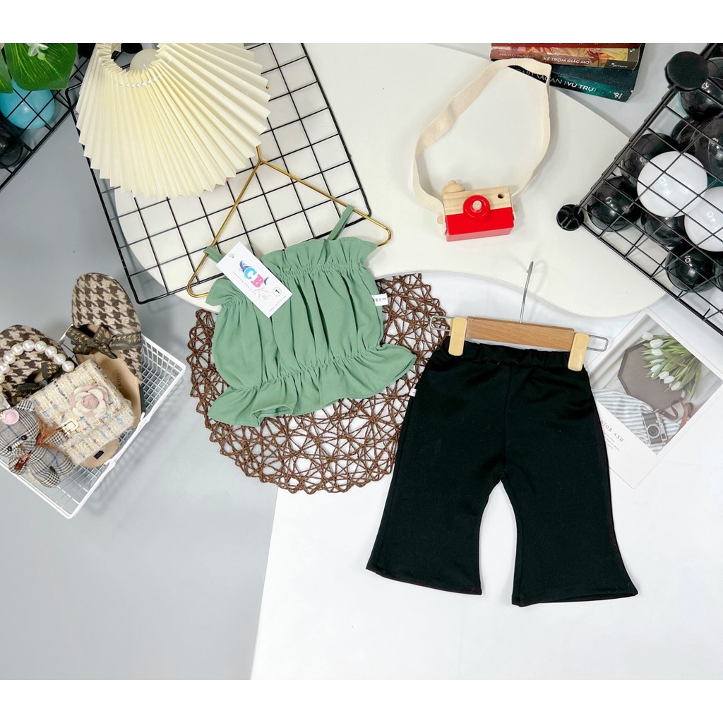 Bộ 2 dây kèm quần loe bé gái, set áo 2 dây chun hàn phối quần lửng loe tôn dáng cho bé