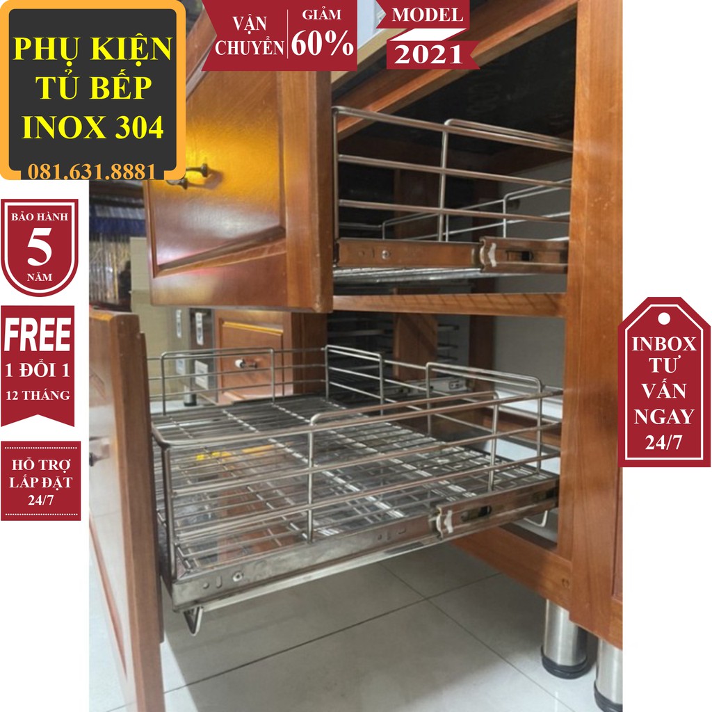 Giá để xoong nồi, giá kéo đựng xoong nồi lắp tủ bếp dưới kèm ray trượt inox 304 bán lẻ 1 tầng