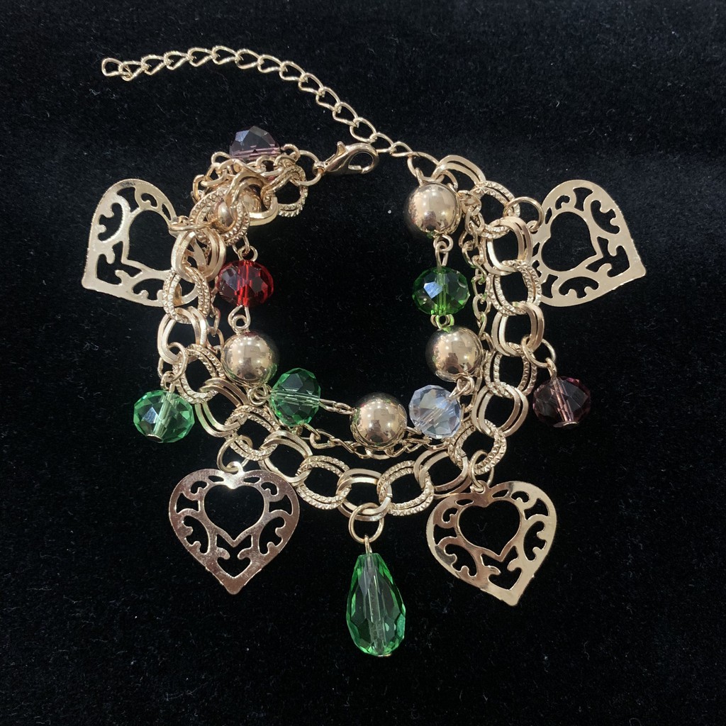 Vòng tay mạ vàng bộ 3 dây nối với nhau, vòng charm trái tim, chiếc lá và pha lê nhiều màu dễ thương mã CB12 | BigBuy360 - bigbuy360.vn