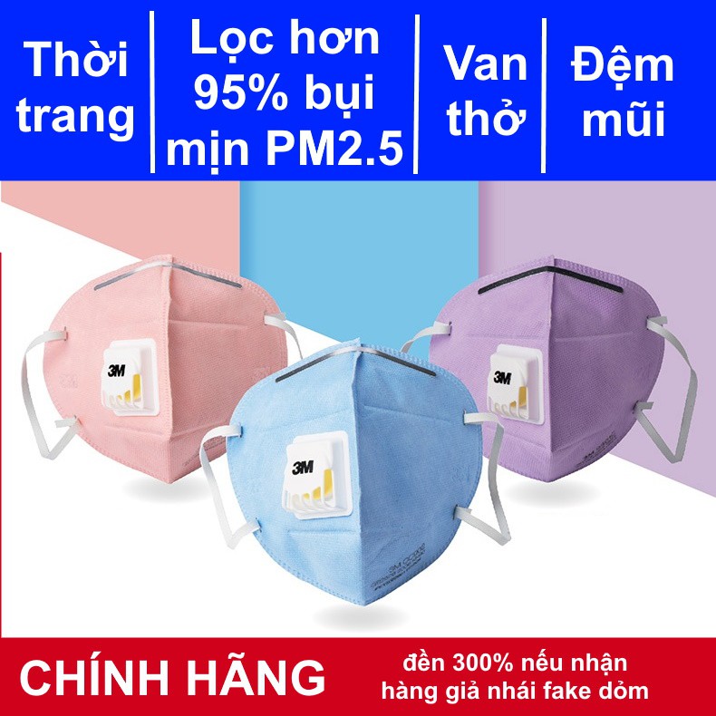 Khẩu trang 3M 9501C hồng tím xanh (thời trang nữ của 9501V) KN95 lọc hơn 95% bụi mịn PM2.5 có van thở đệm mũi chính hãng | BigBuy360 - bigbuy360.vn