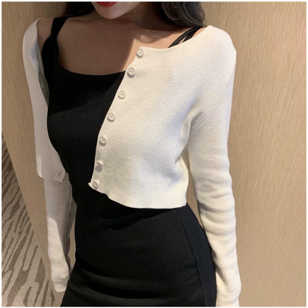 Áo Croptop Cổ Tim Tay Dài YAN Phối Khuy Unisex màu Trắng/Đen/Xanh/Tím