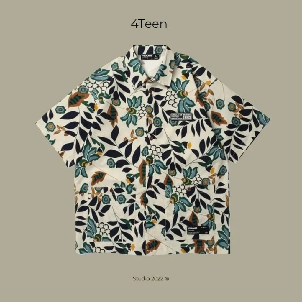 Áo sơ mi họa tiết đôi unisex 4Teen studio vintage, thoáng mát, form rộng