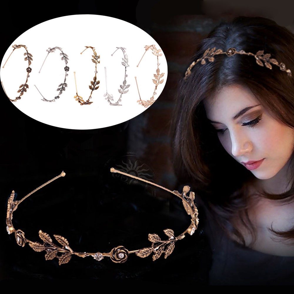 Băng đô kim loại hình lá đính đá thời trang cho nữ