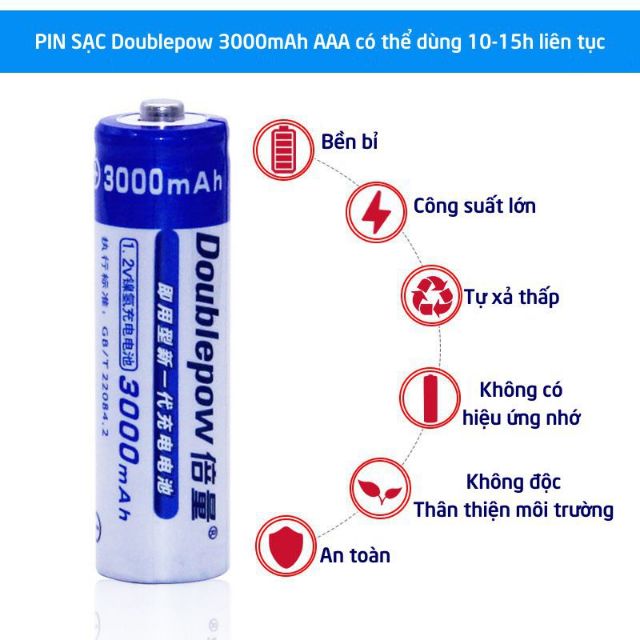 Pin sạc aa Doublepow 3000mAh vỉ 4 viên cam kết dung lượng thật