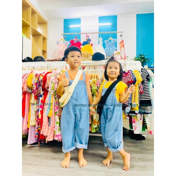yếm jean yếm bò bé trai bé gái demin unisex quần yếm jeans dài vintage ống suông ống rộng hàn quốc 1 đến 7 tuổi SHUSHI