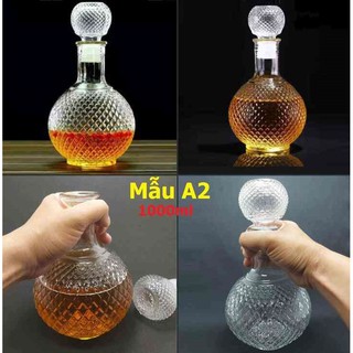 Chai đựng rươu Thủy Tinh 1000ML trong suốt - kiểu Bầu tròn KIM CƯƠNG-Vỏ chai rươu sang trọng trong suốt - kiểu A2-1CHAI)