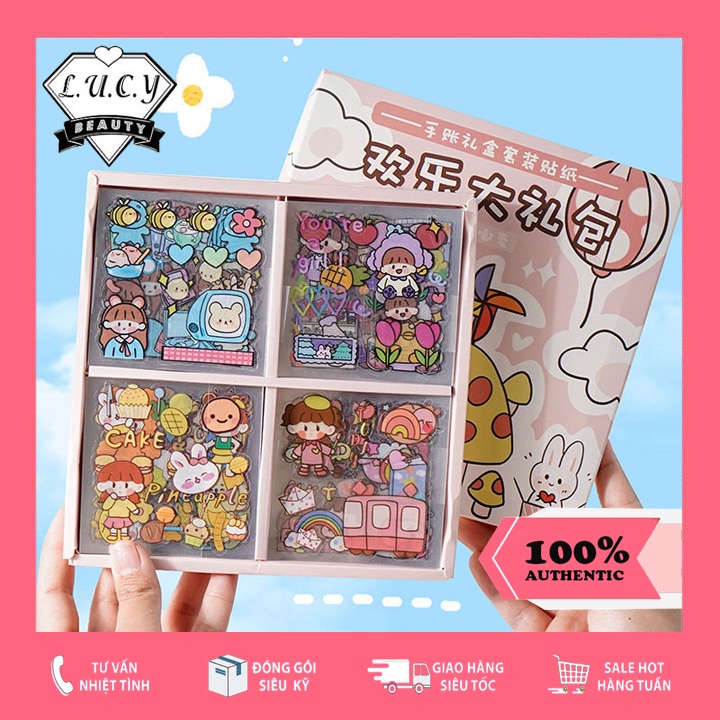 Hộp 100 tấm nhãn dán sticker đáng yêu làm quà tặng sinh nhật, trang trí điện thoại, sổ tay, kệ đựng, bình nước...