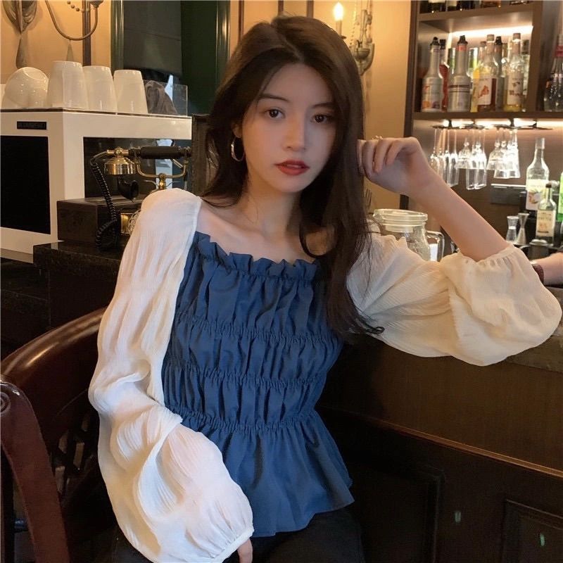 [ Mã 12FASHIONSALE1 giảm 10K đơn 50K ] Korean women color blouse shoulder bubble sleeve