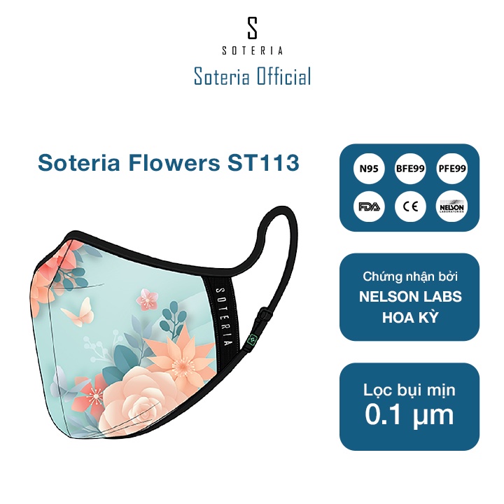 Khẩu trang tiêu chuẩn Quốc Tế SOTERIA Flowers ST113 - Bộ lọc N95 BFE PFE 99 lọc đến 99% bụi mịn 0.1 micro- Size S,M,L