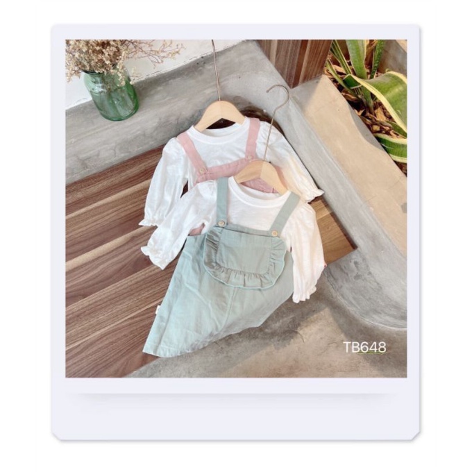 Sét áo cotton tay lỡ bo chun nhẹ+ yếm váy thô đẹp cho bé gái