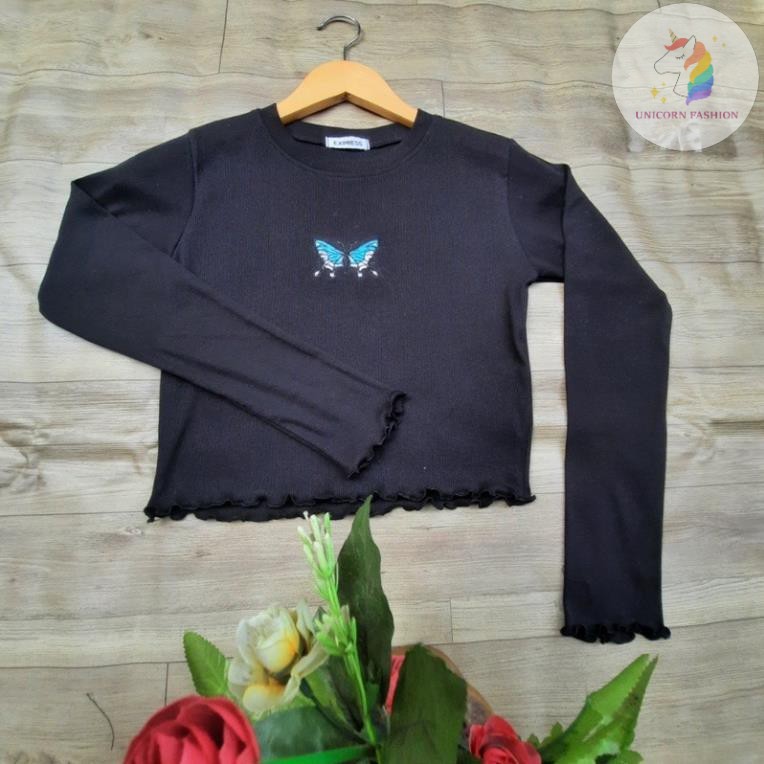 Áo Croptop Trắng Thun Tay Dài Cổ Trắng In Cánh Bướm Trắng Đen SHTACR06 Mys hitshop | BigBuy360 - bigbuy360.vn