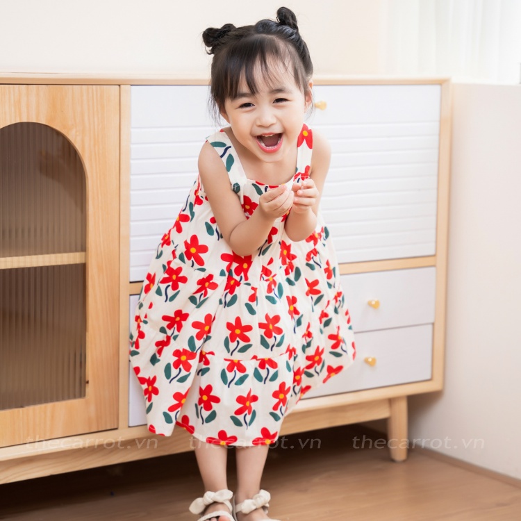 Váy Bé Gái Carrot Hai Dây, Họa Tiết Hoa Đỏ, Chất Liệu Thô Cotton Thấm Hút Mồ Hôi