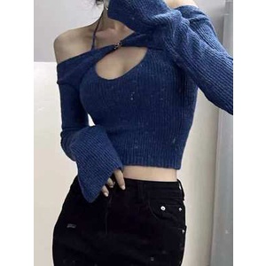 Freezia Áo Dệt Kim Hai Mảnh Hở Vai Cổ Yếm Màu Xanh Dương Hàn Quốc Gợi Cảm