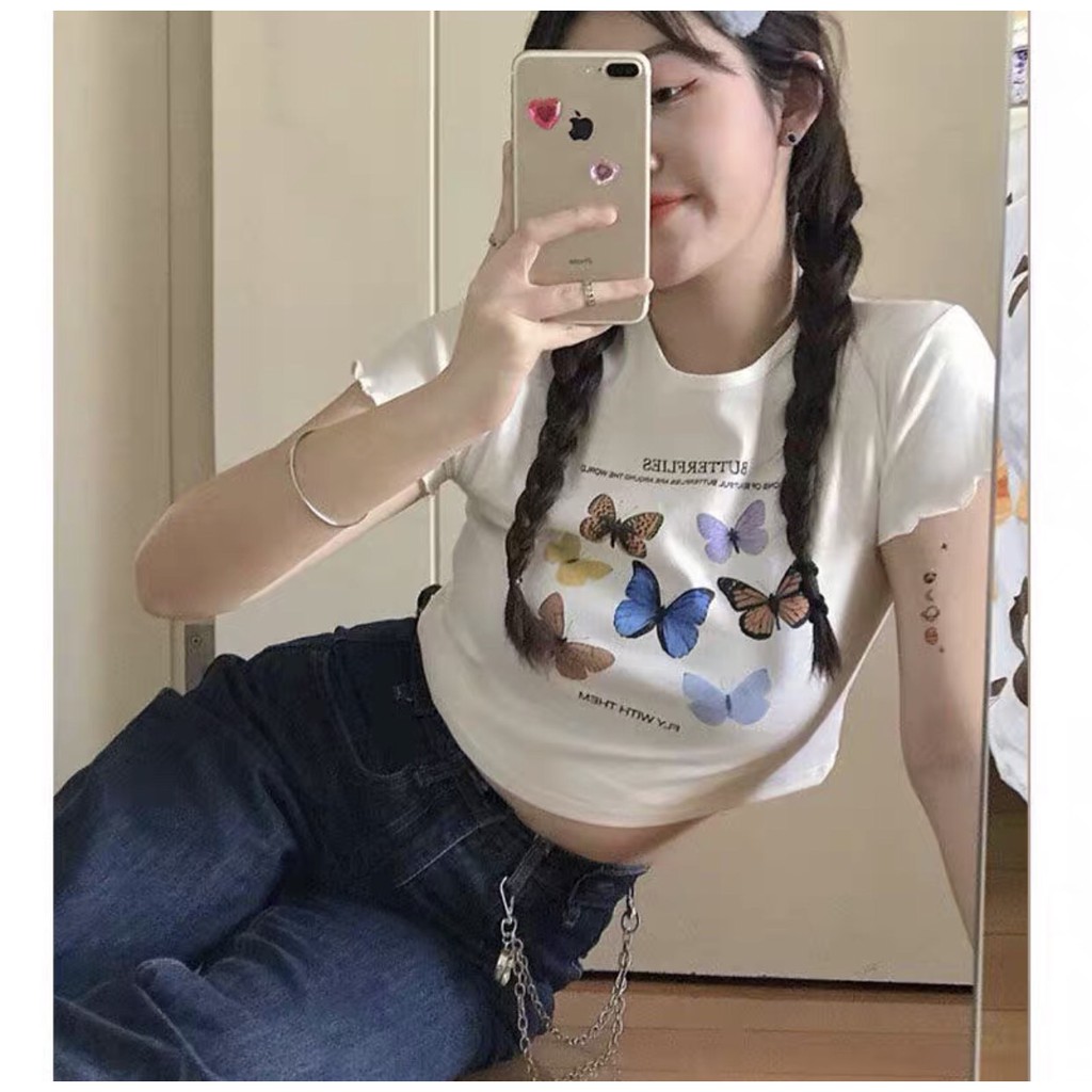 áo croptop in hình bướm butter chất đẹp xinh