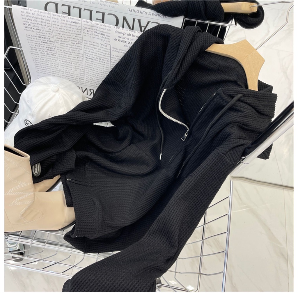 Áo khoác sweater HIIXIIVI dáng rộng có mũ trùm phối khóa kéo thời trang mùa thu 2022 cho nữ