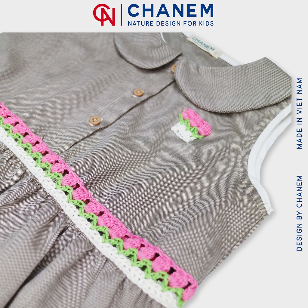 Váy bé gái cổ sen phối họa tiết móc thủ công bằng sợi cotton Việt Nam MITULIP CHANEM, váy chất liệu cotton thoáng mát