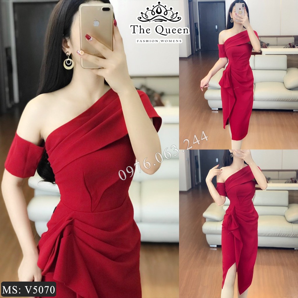 Đầm body V5070 màu đỏ lệch vai sang trọng - The Queen Fashion - Kèm hình chup thật sản phẩm