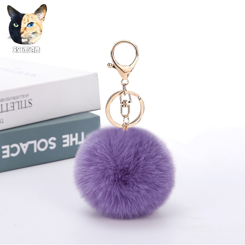 Móc khóa hình quả bóng lông thỏ giả 8cm