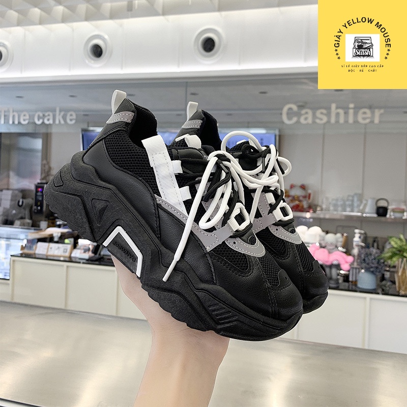 Giày thể thao nữ sneaker YC vải thoáng khí phối da viền phản quang dây kép màu trắng xám/đen