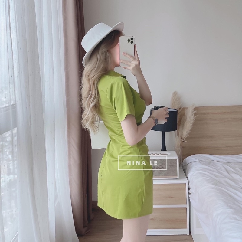 Đầm váy sơ mi nhún xanh lá trắng